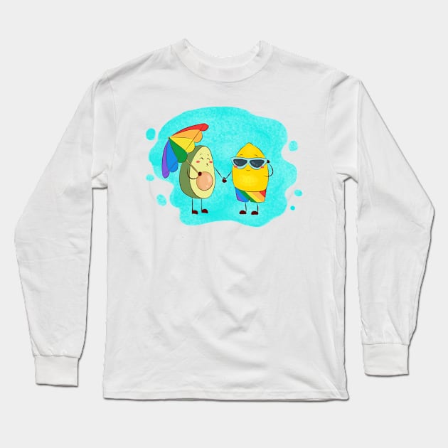 Avocado and lemon lgtbiq couple on the beach Long Sleeve T-Shirt by CintiaSand